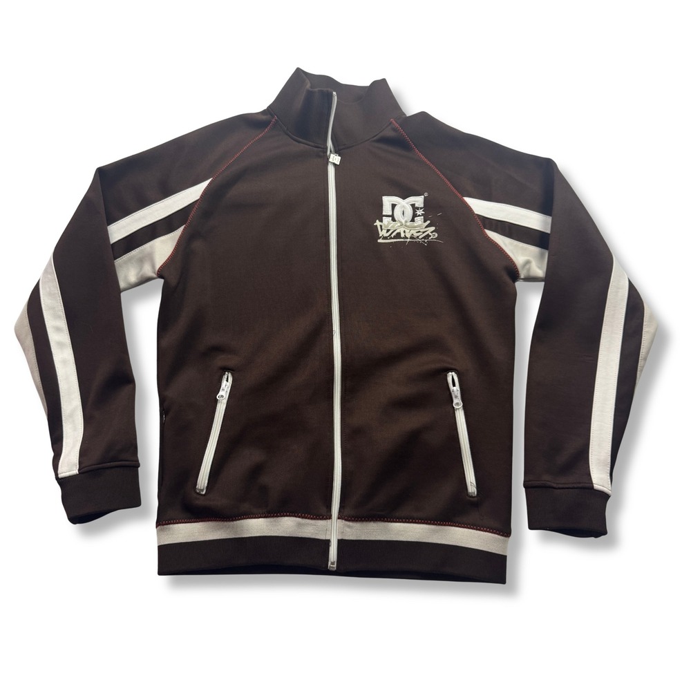 DC Shoes Track Jacket Y2K Skater Logo Brown White Full Zip Mens Medium